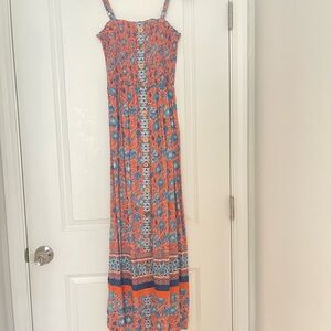 Floral Print Maxi Dress - Orange and Blue